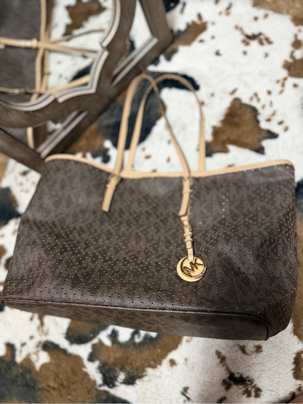 Michael Kors Beige Perforated Tote with Zip Pouch